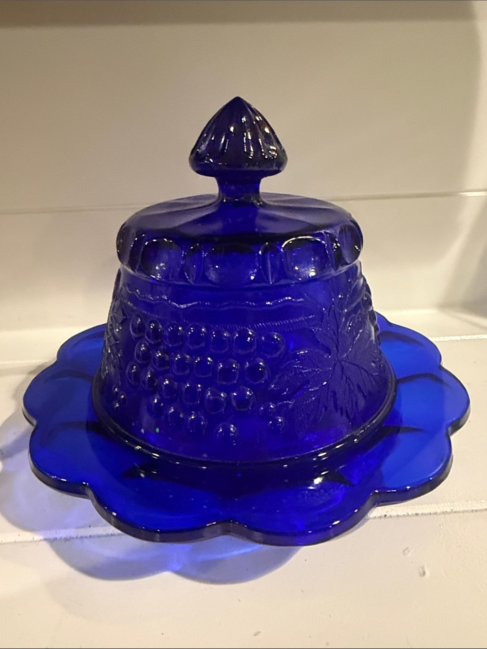 Cobalt Blue Glass Covered Butter Dish with Grape Motif